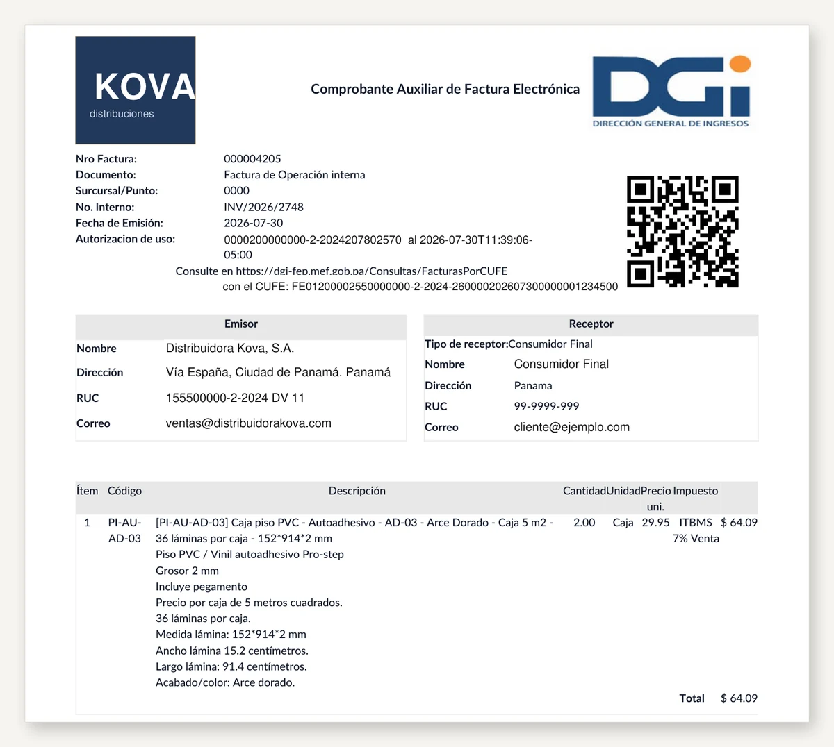 Ejemplo de un Comprobante Auxiliar de Factura Electrónica (CAFE) de la DGI en Panamá, con código QR y CUFE, generado en Odoo